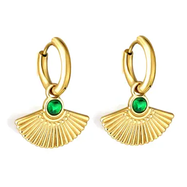 Green Gem and Fan Shape 18K Gold Plated Earrings