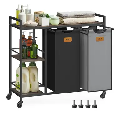 VASAGLE Laundry Basket, with 2 Compartments, 87x33x80.5cm, Ink Black and Dove Grey