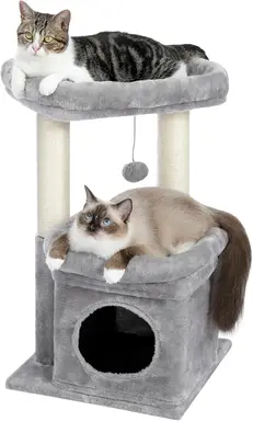PAWZ Road Kleiner Kratzbaum, 42cm mehrstöckiger Kratzturm mit kratzspalte mit Sisalabdeckung, gemütliches Katzenheim und große Katzenliegeplattform für Hauskatzen, Grau