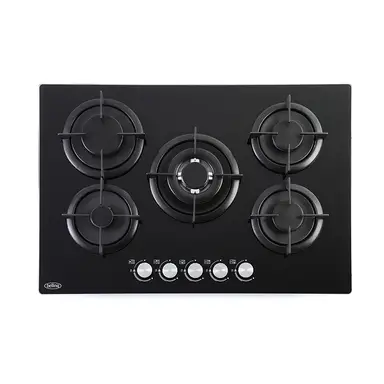 Belling GTG753RI BLK Gas Hob – 75 cm Black Glass, 5 Burners, Cast Iron Pan Supports, Multi-Point Ignition 
