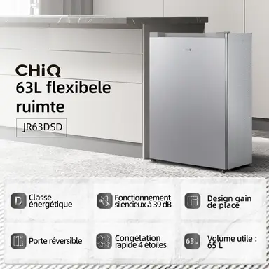 CHiQ JR63DSD Congélateur vertical 63 L, congélation rapide 4 étoiles, porte réversible, silencieux 38 dB, classe énergétique D - Argent 