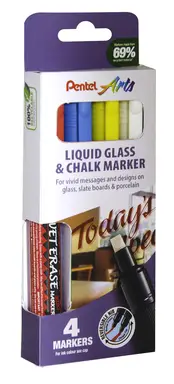 Pentel Semi-Permanent Wet-Erase Liquid Glass & Chalkboard Marker Red, Blue, Yellow & White, Pack of 4