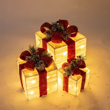 Christmas Workshop Light-UP Gift Box, White with Red Bow, Set of 3