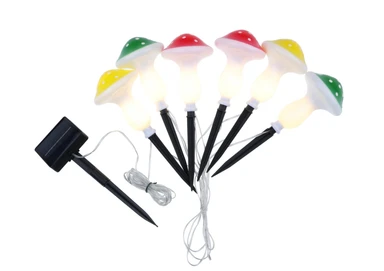 INPROB Solar-Lichterkette ohne Markenlogo: 6 Pilze: 2 rote Pilze/2 grüne Pilze/2 gelbe Pilze, Abstand: 50 cm, Verlängerungskabel: 2 m, polykristallines Solarpanel: 2 V 200 mA, Akku: 1 x AA 1,2 V 400 mAh Ni-MH, Funktion: Dauerlicht + Blinkfunktion, Verpackung: Farbkarton + Bedienungsanleitung