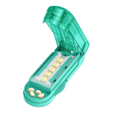 VVM Pillensnijder en Splitter voor kleine en zeer kleine pillen, professionele verstelbare pillensnijder met verborgen roestvrijstalen mes, snijdt veilig meerdere pillen tegelijk, cyaan
