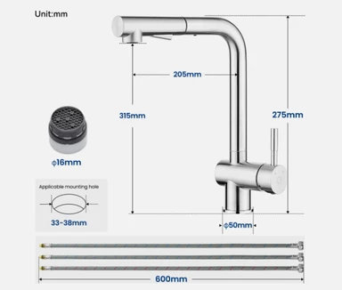Keukenkraan met uitneembare sproeier, 2 wateruitlaten, 360° draaibaar, enkellaags