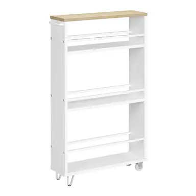 WOLTU 3-stöckiger Küchenwagen, Schmales Regal mit arretierbaren Rollen und Griff, Platzsparender Mehrzweckwagen aus Holz und Metall, Hell Eiche + Weiß