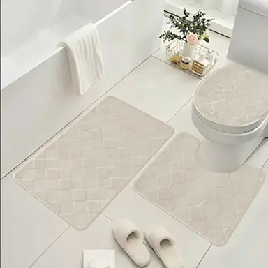 3 pcs Bathroom Rug Set Includes Bath Rug, Contour Mat and Toilet Lid Cover, Machine Washable, Super Soft Microfiber & Non Slip Bath Rugs with Rubber Backing,Beige diamond pattern