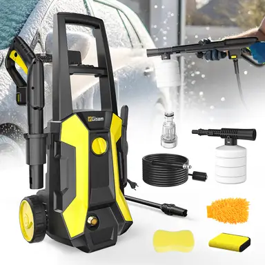 Gisam Hochdruckreiniger 2200 W, 180 bar, 480 l/h, mit 8-m-Schlauch, Seifenspender, Schaumdüse und Druckschlauchdüse, IPX5, geeignet für Autos/Zäune/Gärten/Terrassen (gelb)