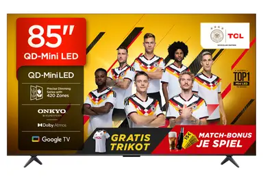 TCL 85Q6C QLED Mini LED Fernseher, 85 Zoll, 4K HDR Premium, Dolby Vision IQ & Atmos, Onkyo 2.1 Sound, Smart TV mit Google TV, Game master, 144Hz Motion Clarity Pro, AMD FreeSync Premium Pro, HDMI 2.1, AirPlay 2, Google Assistant & Alexa