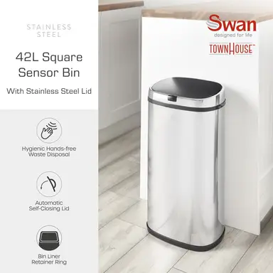 Swan 42L Square Sensor Bin S/Steel
