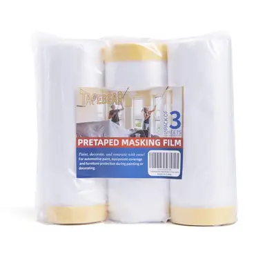 TAPEBEAR Pre-Taped Masking Film, Tape and Drape, Plastic Sheeting Roll, Automotive Painters Masking Tape Film, Plastic
Sheeting Cover for Appliance and furniture, 5feet X 90feet,1400mm x 27m,
3rolls