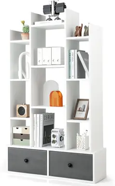 COSTWAY 12-Tier Wooden Bookshelf with Folding Drawer for Study Living Room, White