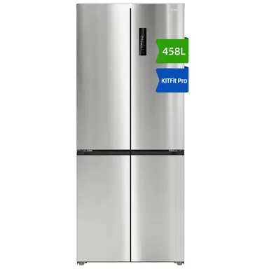 CHiQ JR460WSE No-Frost Kühl-Gefrierkombination, 458L (300L Kühl- und 158L Gefrierbereich), Kreuztür, KITFit Pro True Flush Einbau (4mm Seitenabstand), Inverter Kompressor (37dB), Care+ Fach, Bodenbelüftung, Edelstahl [Energieklasse E]