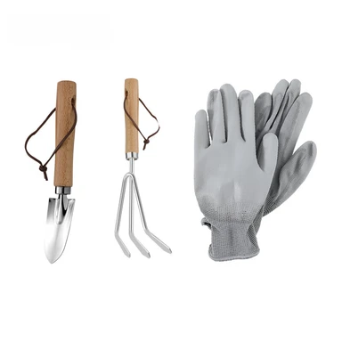 ochama x J.ZAO Mini-Gartenwerkzeug-Set aus Edelstahl, 3-teilig, 1 Paar Handschuhe, Dreizinkrechen, 1 Gartenschaufel