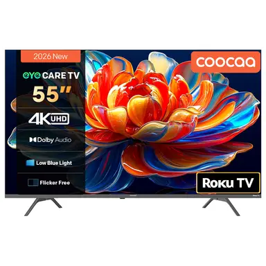 Coocaa UHD TV 55CRUG50Z, Smart Roku TV, HDR10, Dolby Audio, Video Upscaler, Eyecare Premium, Triple Tuner