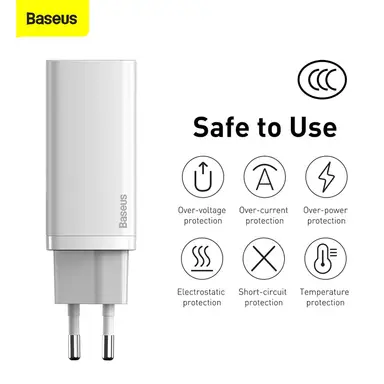 Baseus GaN2 Lite galliumnitride snellader C+U 65W Wit snellaadadapter