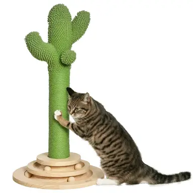 PawHut Arbre à chat griffoir forme de cactus en sisal naturel avec pompon suspendu et plateforme de jeu boules - Ø 32 x 60 cm - vert