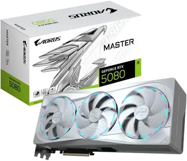 Carte graphique GIGABYTE AORUS GeForce RTX 5080 Master Ice 16G - 16 Go GDDR7, 256 bits, PCIe 5.0, Fréquence GPU 2805 MHz, 3 x DisplayPort 2.1a, 1 x HDMI 2.1b, NVIDIA DLSS 4, Réf. GV-N5080AORUSM ICE-16GD