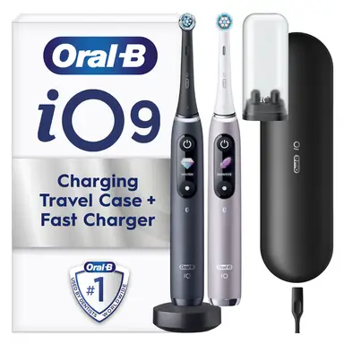 Oral-B iO9 Adult Electric Toothbrushes For Adults, Duo Pack, 2 Toothbrush Heads & Charging Travel Case, 7 Modes with Teeth Whitening, 2 Pin UK Plug, Black & Rose Quartz