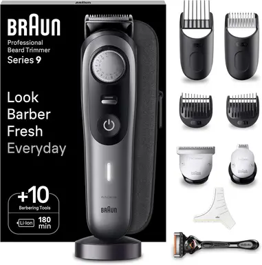 Braun Series 9 BT9420 Elektrischer Barttrimmer 180 Min. Laufzeit 1 Set Grau Ultra-Scharfes ProBlade 40 Längeneinstellungen Wasserdicht mit 10 Friseurwerkzeugen