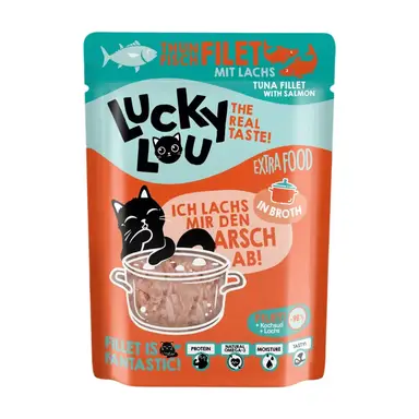 LUCKY LOU Katzen-Nassfutter Thunfisch & Lachs in Broth - 12 x 70g Beutel - Getreidefreies Ergänzungsfutter, ohne Zucker oder Konservierungsstoffe
