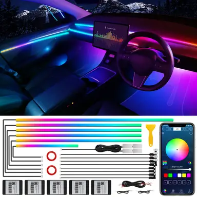 Acrylic Interior Car LED Strip Light with Wireless APP, Dreamcolor RGB 10 in 1 with 175 inches 600 LEDs Fiber Optic Car Ambient Lighting Kits, Dual Zone Sound Active Function LED Strip for Car