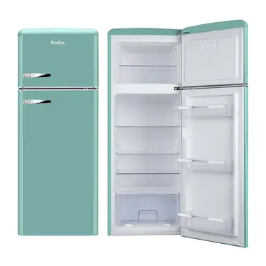 Amica FDR2213DB Retro Style Top Mount Fridge Freezer – Cream | 55cm Wide | 144cm High | E Energy Rated | Chrome Handles