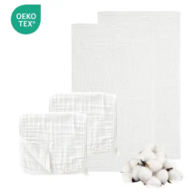 LeBonsoir 100% Cotton Towels Set， Muslin Cloths for Baby， Soft 6-Layer Cotton for Delicate Skin - Bath Towel 70 x 140 cm， Washcloth 30 x 50cm - Absorbent， Durable， Gentle Wash Cloth for Newborns and Toddlers - White，Pack of 4 ( 2pcs Bath Towels & 2pcs Washcloths)