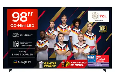 TCL 98Q8C 98 Zoll QD-Mini LED Fernseher, 4K HDR Premium 5000, ZeroBorder, Smart Google TV CrystGlow WHVA-Panel, Audio von Bang und Olufsen, 144Hz Motion Clarity Pro, Dolby Vision IQ und Atmos