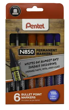 Pentel N850 Permanent Marker Bullet Tip Assorted Pack of 6