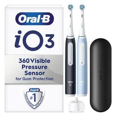 Oral-B iO3 Adult Electric Toothbrushes, Duo Pack, 2 Toothbrush Heads & 1 Travel Case, 3 Modes With Teeth Whitening, 2 Pin UK Plug, Black & Blue