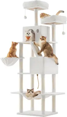 Feandrea Katzenkratzbaum Höhe 206 cm mit 13 Kratzstangen, 2 Plattformen, 2 Höhlen, Korb, Hängematte, Quaste, Plüschstoff, Mehrere Ebenen für Hauskatzen, Creme-Weiß, PCT190T01