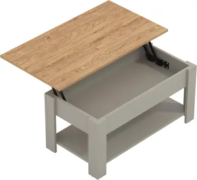 Galano Brixburn Lift Up Coffee Table with Hidden Storage & Shelf, Modern 2-Tier Space Saving Living Room Centre Table, Engineered Wood, Light Grey Oak Finish, 89.5 x 49.5 x 40 cm