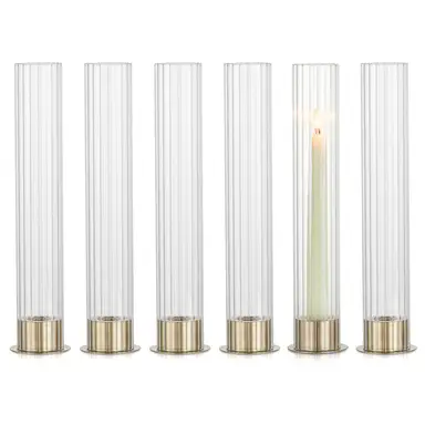 Candlestick Holder with Ribbed Hurricane: Set of 6 Metal Candle Holders with Glass Cylinders - Gold Taper Candleholders for Birthday Valentine Wedding Table Centerpiece Outdoor Decor