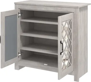 Galano Jovanne 2 Door Shoe Cabinet with Synthetic Rattan Doors, Light Grey with Oak Top – Modern Boho Storage Unit for Entryway, Hallway or Living Room