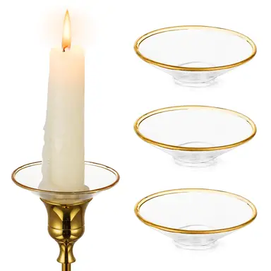 Glass Bobeches for Candlestick Holders, 3 PCS Candle Drip Protectors Candle Rings for Tapers, Candle Drip Catcher for Candle Stick Candle Holder for Wedding Party Church Home (Round, Gold Rim)