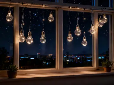 Guirlande lumineuse LED Globe avec ampoules transparentes | 10 LED blanc chaud 5L, 10 ampoules (6 × 9 cm/ampoule), espacement de 30 cm, câble transparent de 50 cm, base en métal argenté | Boîtier pour 3 piles AA (usage intérieur/minuterie), piles non incluses