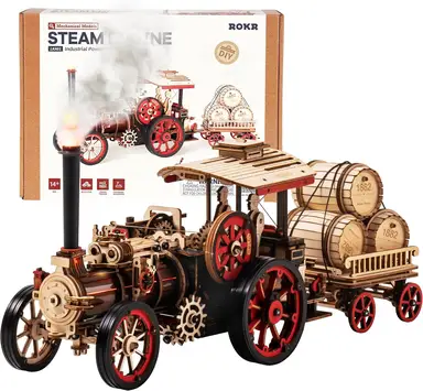 Robotime ROKR stoommachine 3D-houten puzzel bouwspeelgoed, 36 x 12 x 14,6 cm, 1 stuk,Wooninrichting, boekenkastdecoratie,Handgemaakte cadeaus voor volwassenen en tieners,Onderwijs speelgoed
