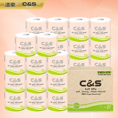 【Back-to-School】C&S Virgin Wood Pulp Toilet Tissue， 4-Ply， 135 g， 27 Rolls， Unscented， Skin-Friendly Softness， Extra Thick， Durable Paper， Family Value Bulk Pack