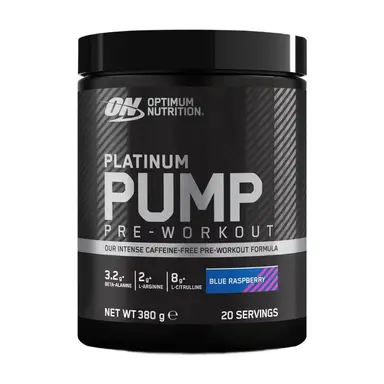 Optimum Nutrition Platinum Pump Caffeine-Free Pre-Workout Powder - Blue Raspberry, with 8g L-Citrulline, 3.2g Beta-Alanine, Fruitflow, for Muscle Function & Blood Flow, 20 Servings (380g)