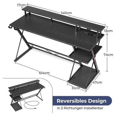 SEVEN WARRIOR Straight gaming desk with CPU stand - 140cm - carbon fiber black