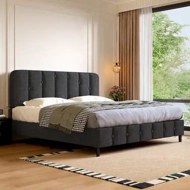 GTIMEX Polsterbett 140 × 200 cm mit Lattenrost, statische Belastbarkeit: 390 kg, Doppelbett mit gepolstertem Kopfteil, einfache Montage, stabiler Rahmen und hochwertiger Leinenstoff, Dunkelgrau