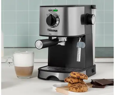 [Summer Deals - £29.99 with Free Next-Day Delivery] Tristar Pump Espresso Machine with Milk Frother, 2 Cups, 15 Bar, Compact for Small Spaces, Back to Uni, Silver & Black - CM-2275BS [Limited Availability]