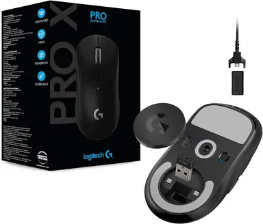 Logitech G PRO X SUPER LIGHT kabellose Gaming-Maus mit HERO 25K-Sensor, ultraleicht mit 63g, 5 programmierbare Tasten, bis zu 70 Stunden Akkulaufzeit, incl. Zero additives PTFE-Füße, PC / Mac, Schwarz