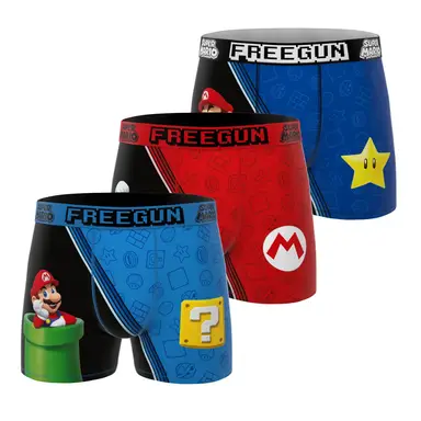FREEGUN Lot de 3 boxers pour homme Super Mario Bros bleu/rouge/noir - Taille M