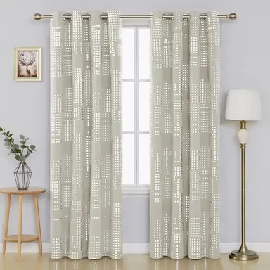 Deconovo Blackout Silver Foil Print Small Check Pair Curtains with 6 White Grommets, 2 Pieces, W97 cm x L114 cm, Light Beige