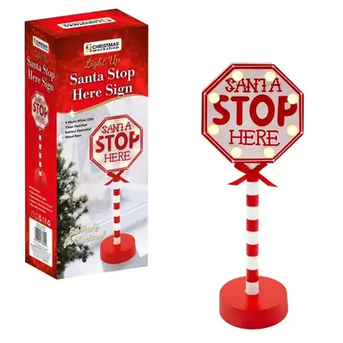 Christmas Workshop 8 LED Santa Stop Here Wooden Deco Sign