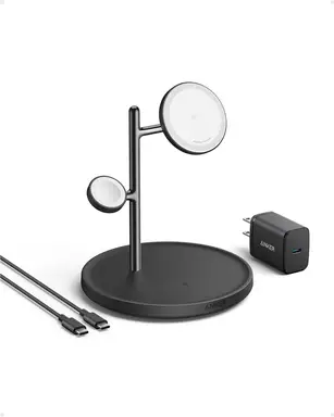 Anker 3-in-1 15W Wireless Charging Station Bundle MagGo Stand, Cable and Charger, Black 