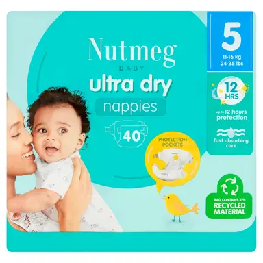 Nutmeg Baby Ultra Dry Nappies Size 5 11-25kg/24-55lbs 40 Pack